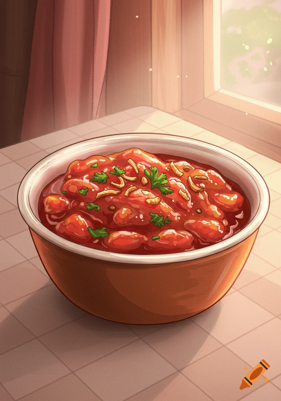 A cartoon-style bowl of red chutney with parsley and fried onions sits on a tiled table by a window.