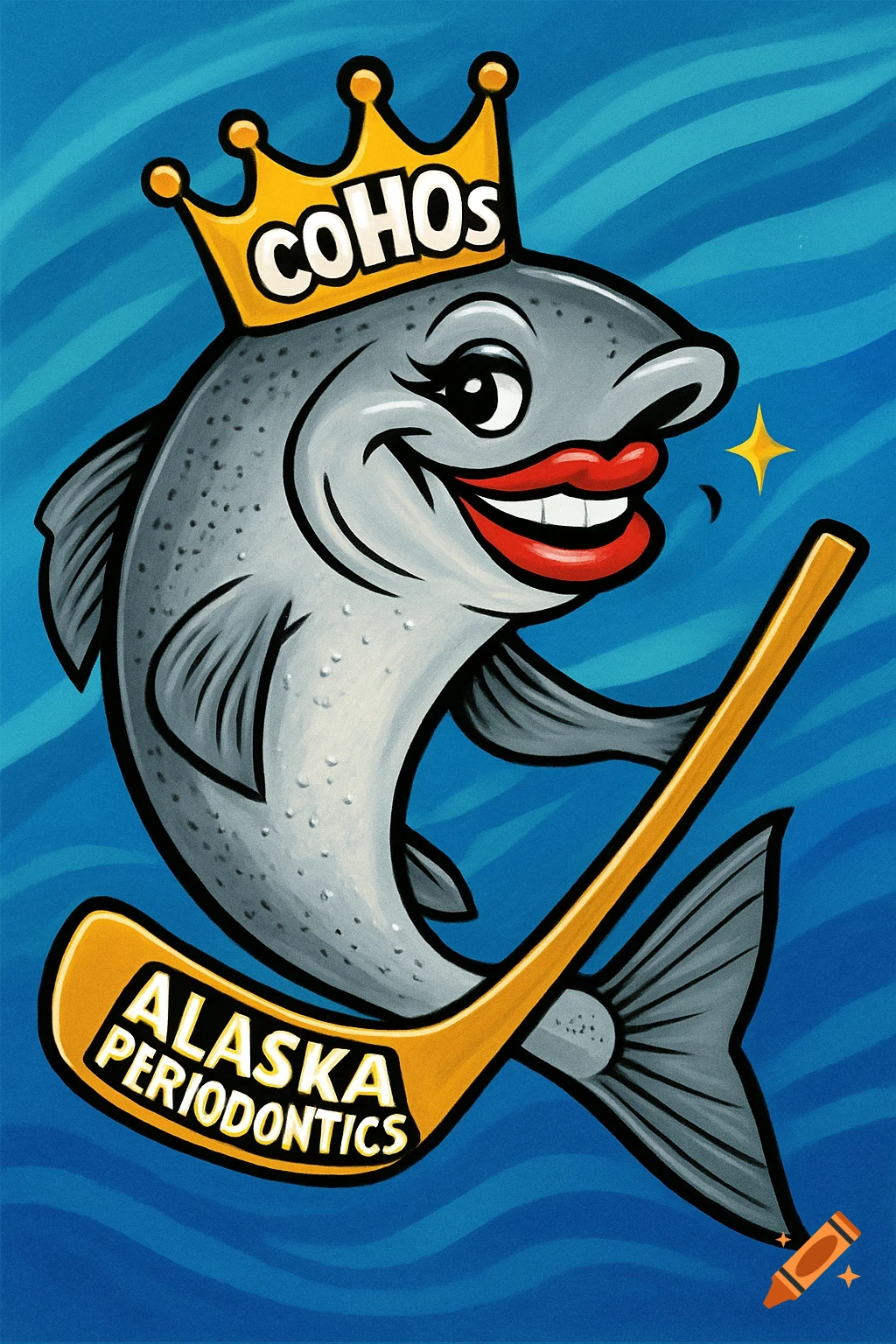 A sassy cartoon silver salmon with red lips and a big smile wears a gold crown that says "COHOs" and holds a hockey stick labeled "ALASKA PERIODONTICS".