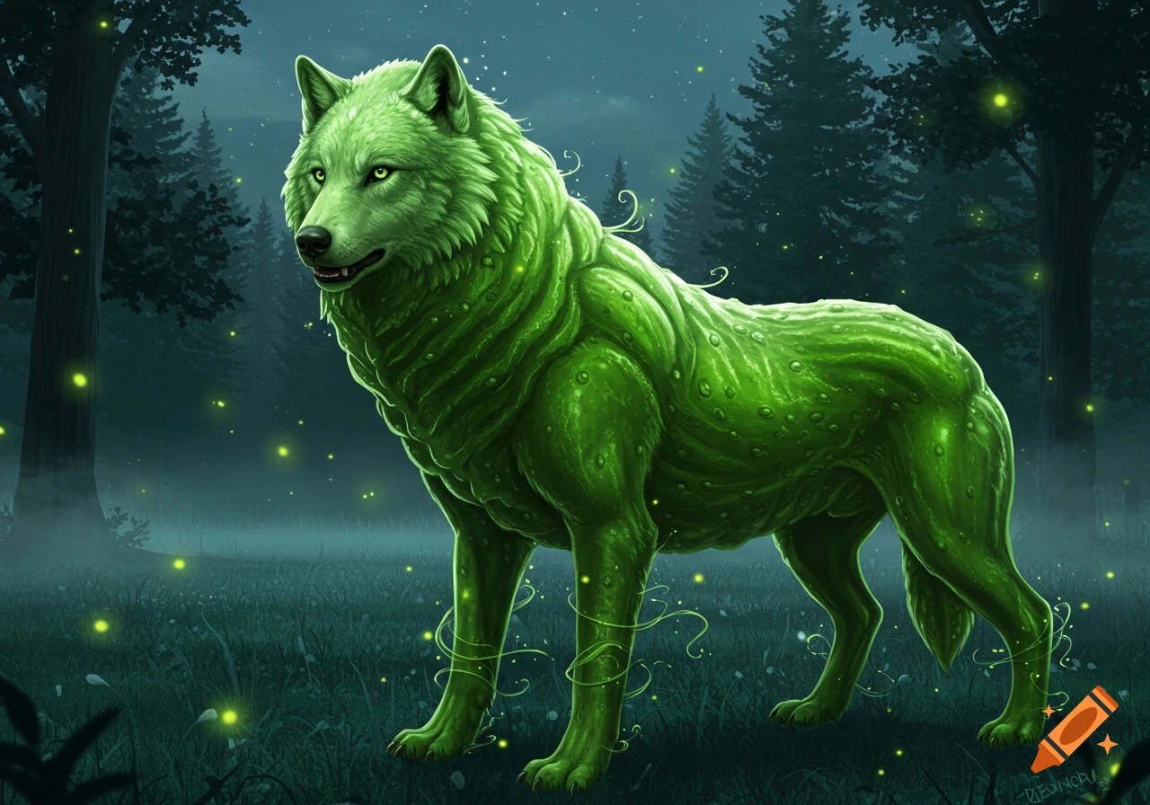 A glowing green, plant-textured wolf with bright eyes stands in a mystical, misty forest at night with fireflies.