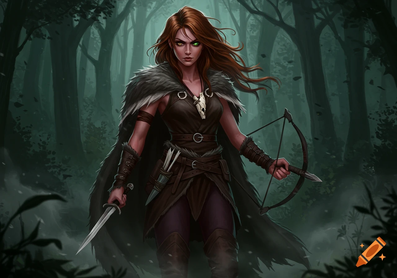 A red-haired female fantasy warrior with heterochromia, wearing a fur cloak and leather armor, holds a dagger and a bow in a dark forest illustration.