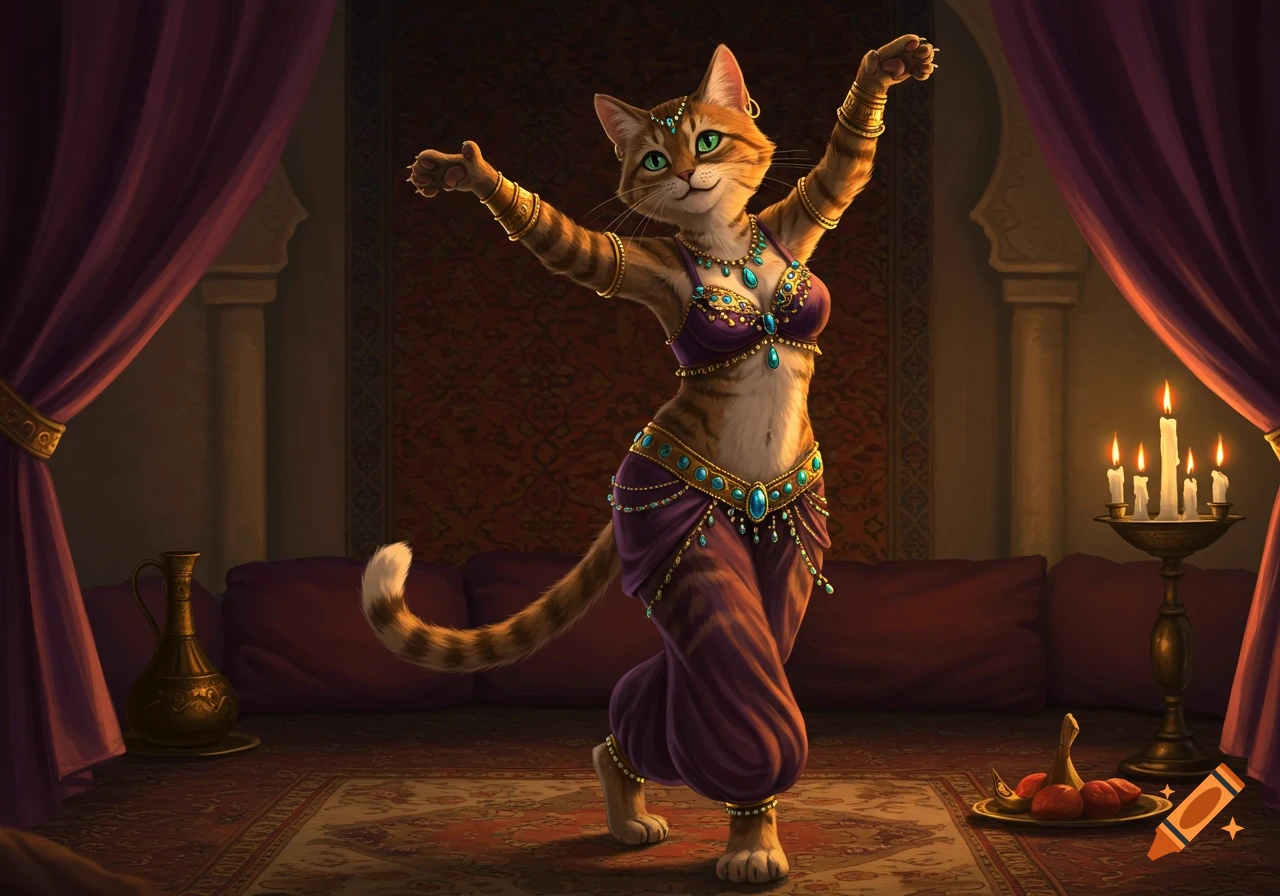 A tabby cat in an ornate purple and gold belly dancer outfit poses in a dimly lit, richly decorated room.