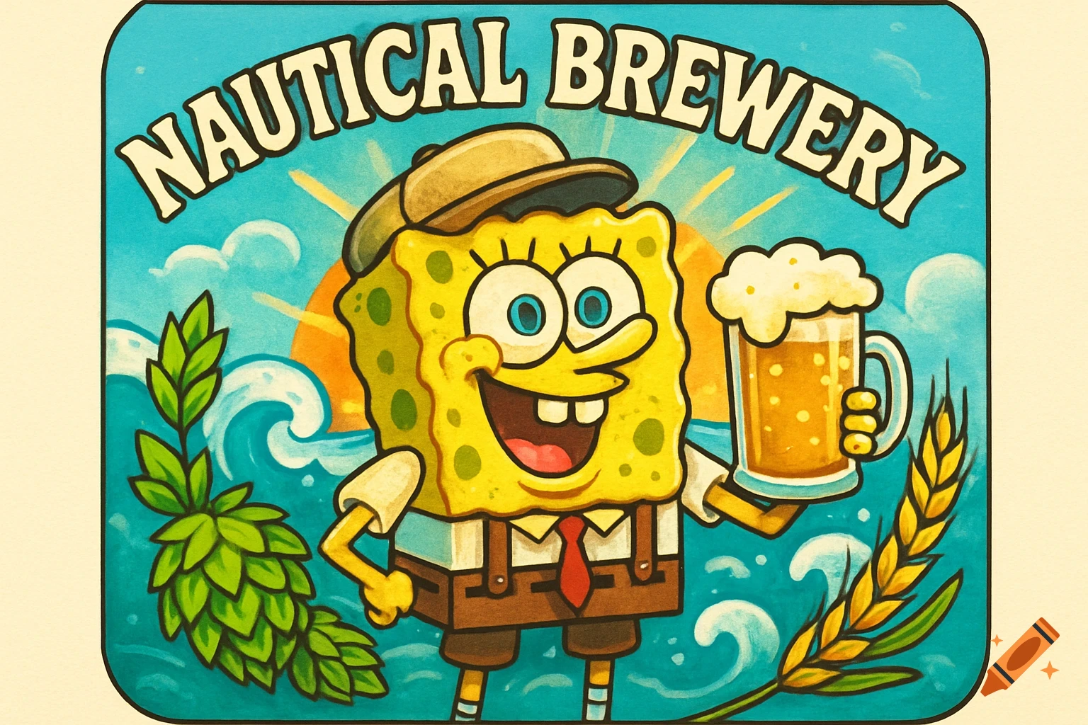 Cartoon illustration of SpongeBob holding a beer mug with 'NAUTICAL BREWERY' text, surrounded by nautical elements, hops, and wheat.