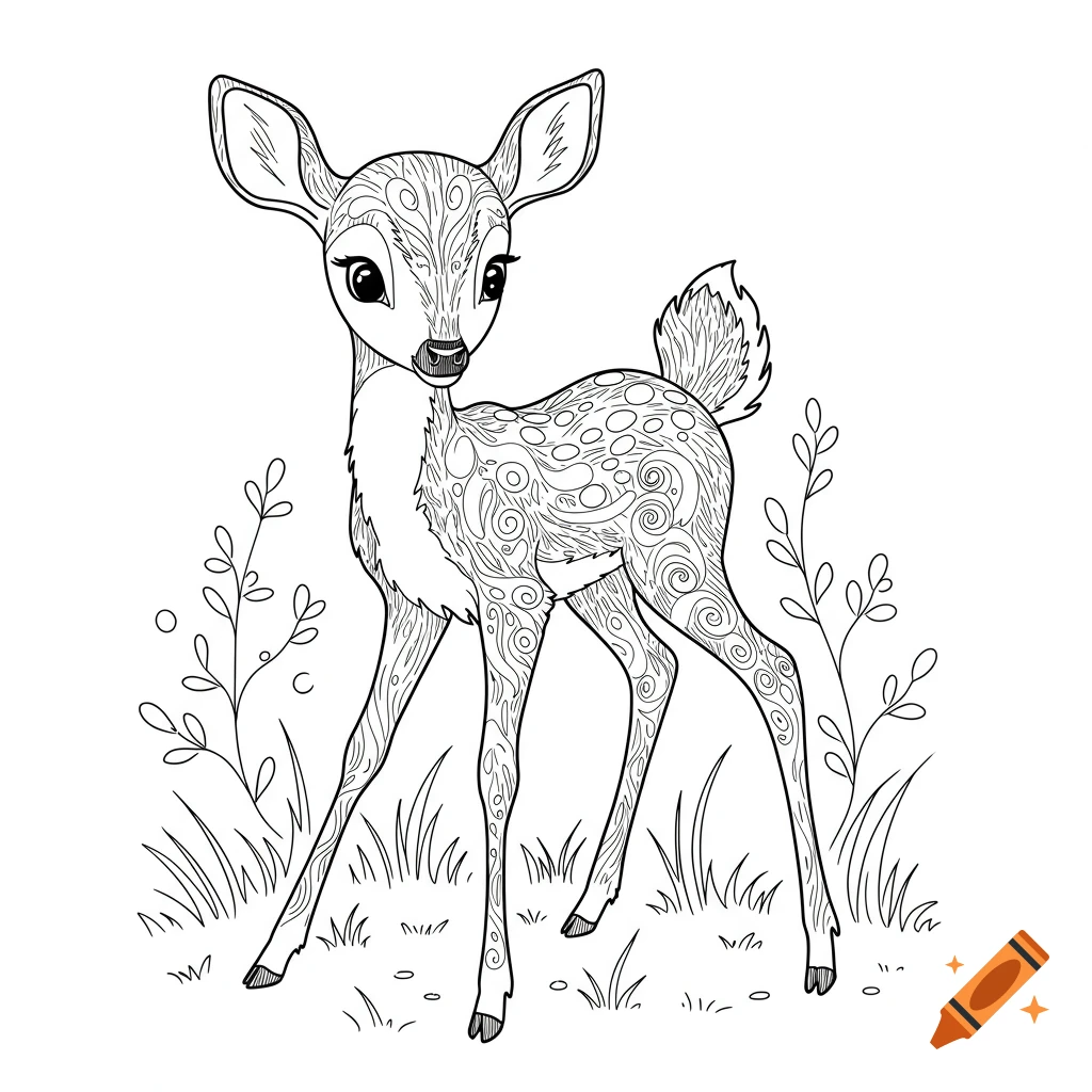 Line art illustration of a doodle-style baby deer standing in grass, with patterned fur.