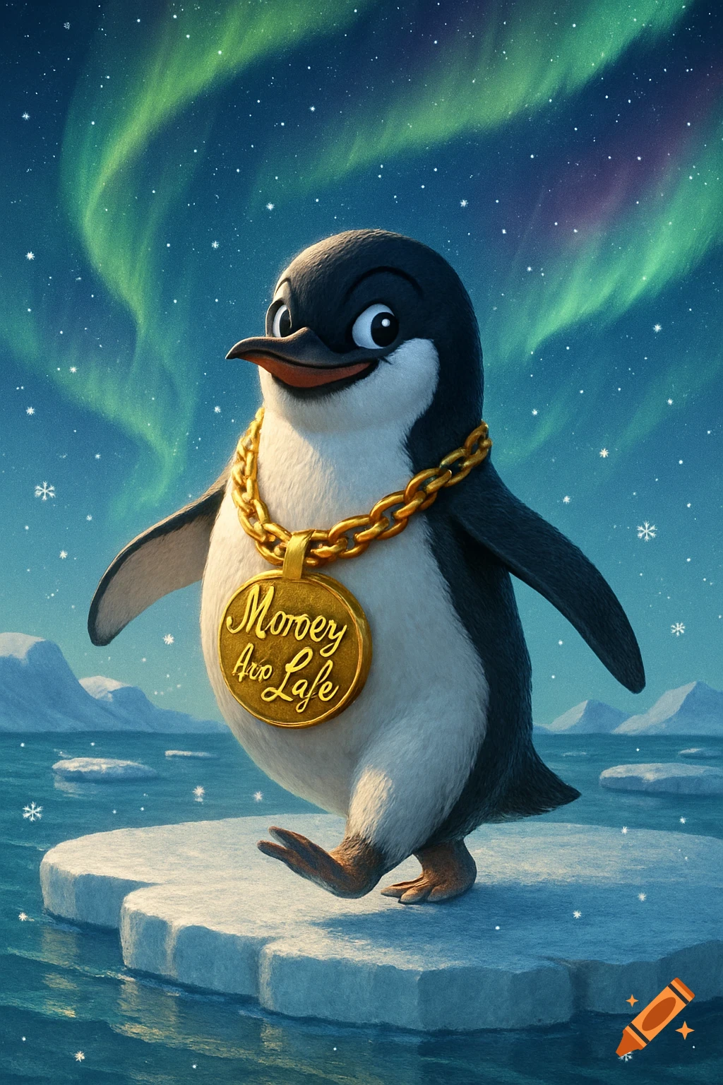 A cartoon penguin wearing a large gold chain with a medallion stands on an ice floe under the aurora borealis.
