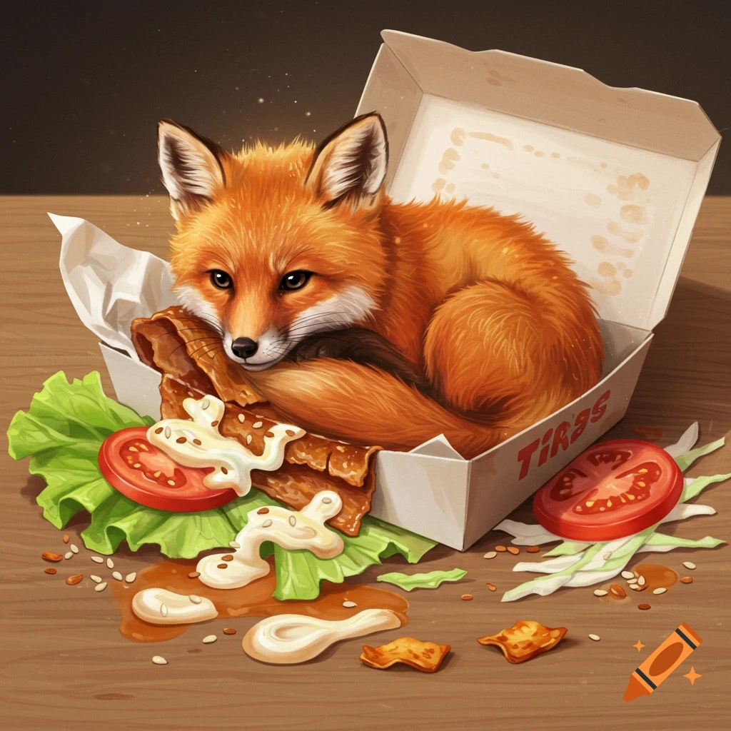 A cute red fox curls up inside a white fast-food box, surrounded by lettuce and tomatoes, on a wooden surface in an illustrative style.