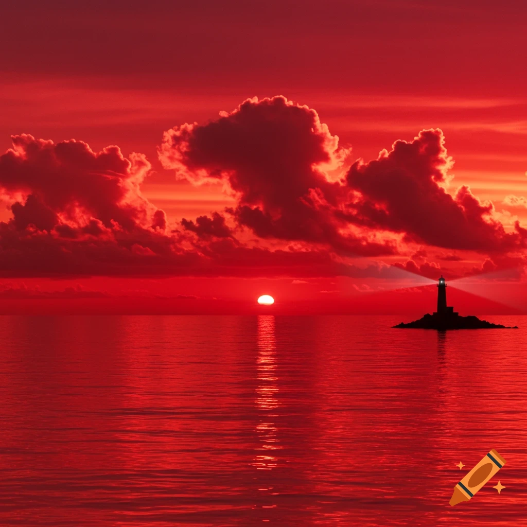 A vibrant red sunset over a red ocean, with a lighthouse on a small island casting a beam of light.