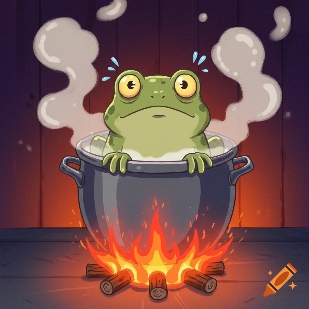 A surprised cartoon frog sits in a boiling pot over a campfire with steam rising, in a humorous illustration style.