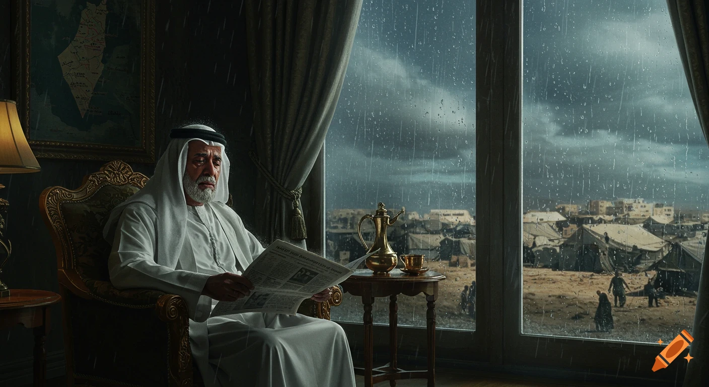 Elderly Arab man in a luxurious room reads a newspaper, looking out a window at a rainy refugee camp. A map of Palestine hangs on the wall.