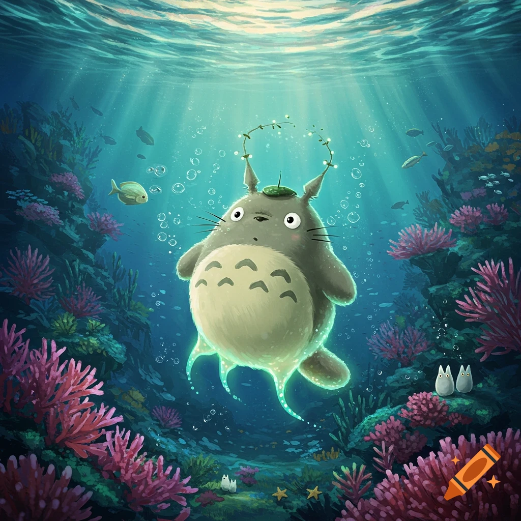An illustrated Totoro, reimagined as Plankton, floats underwater surrounded by colorful coral, small fish, and sunlight streaming from above.