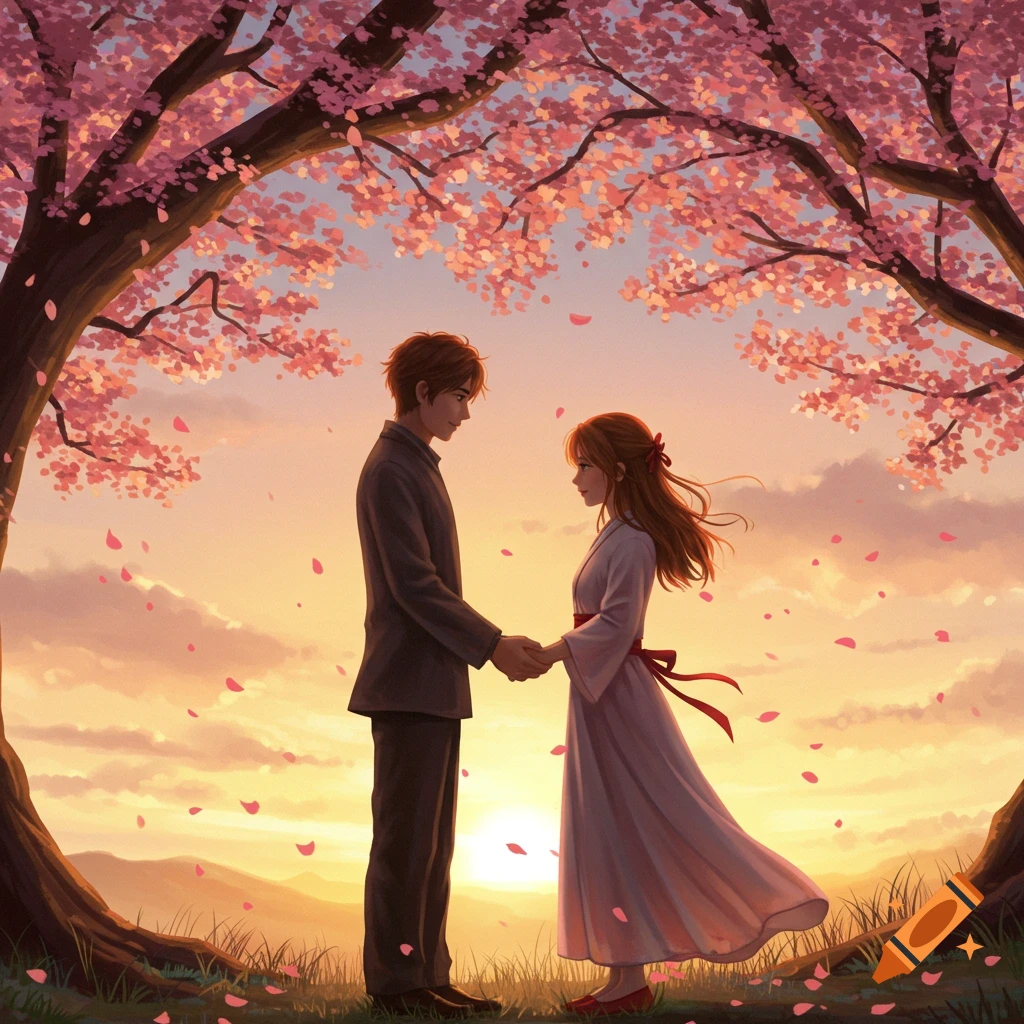 Anime couple holding hands under a cherry blossom tree at sunset, pink petals falling.