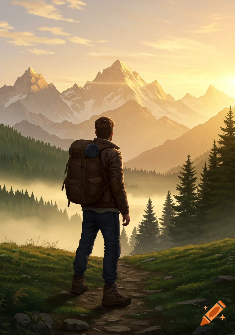 A lone male hiker with a backpack stands on a path, admiring a scenic mountain range at sunset, with misty forests below.
