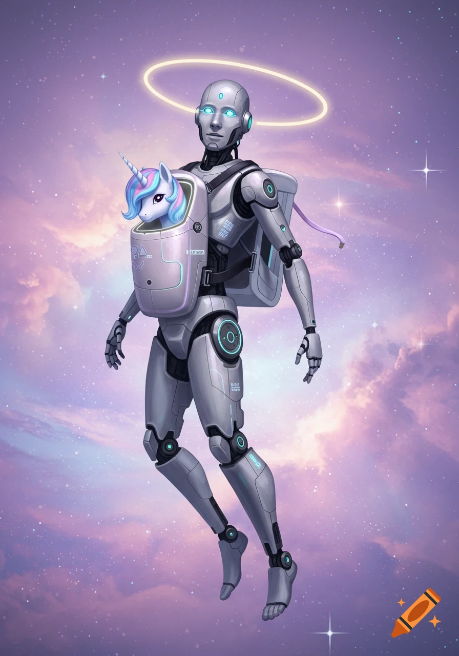 A silver robot with glowing eyes and a halo floats in a starry purple sky, carrying a unicorn with a rainbow mane in a front-mounted carrier.