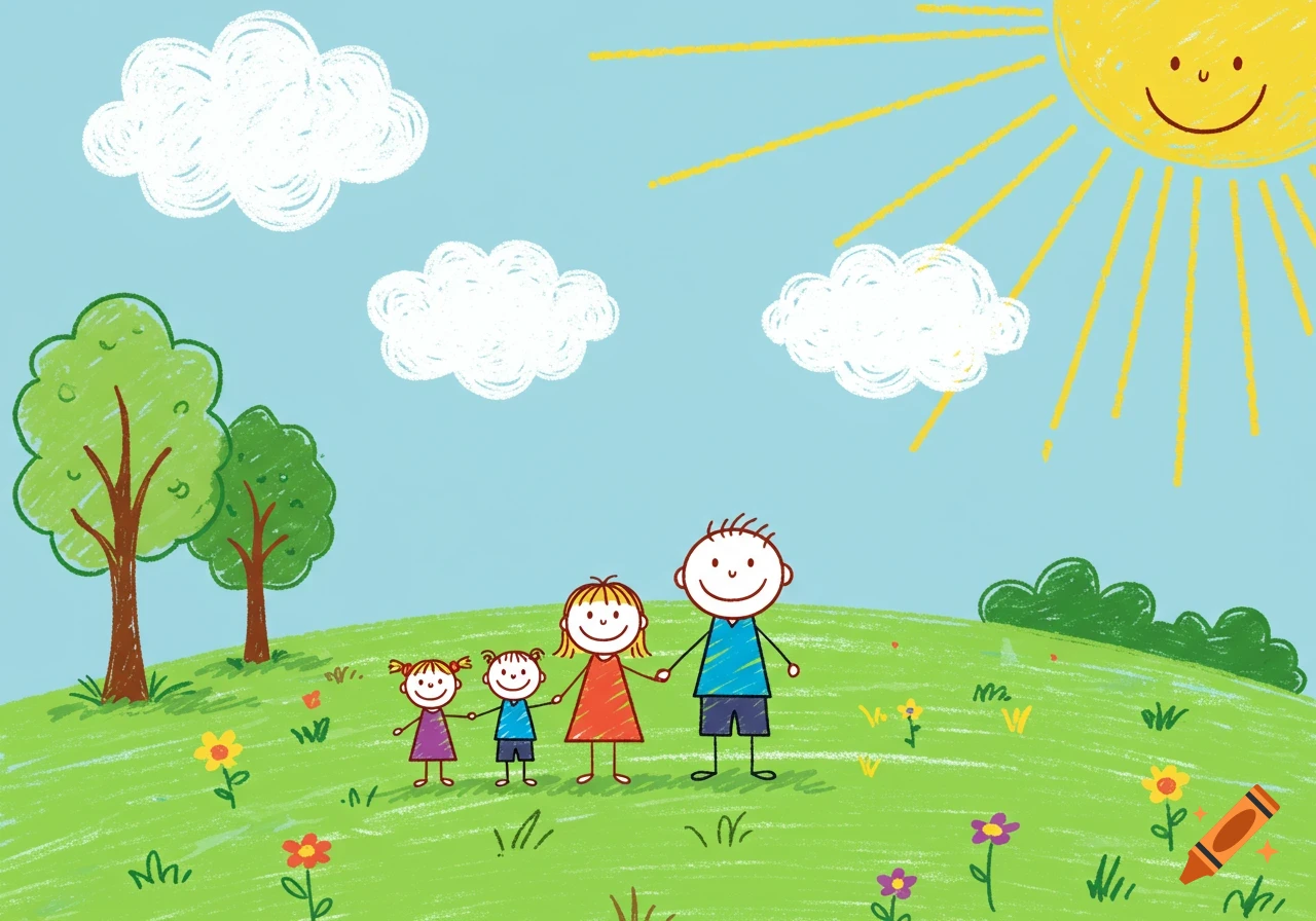 A colorful child's drawing of a family of four holding hands in a green field with trees and flowers under a blue sky with a smiling sun and clouds.