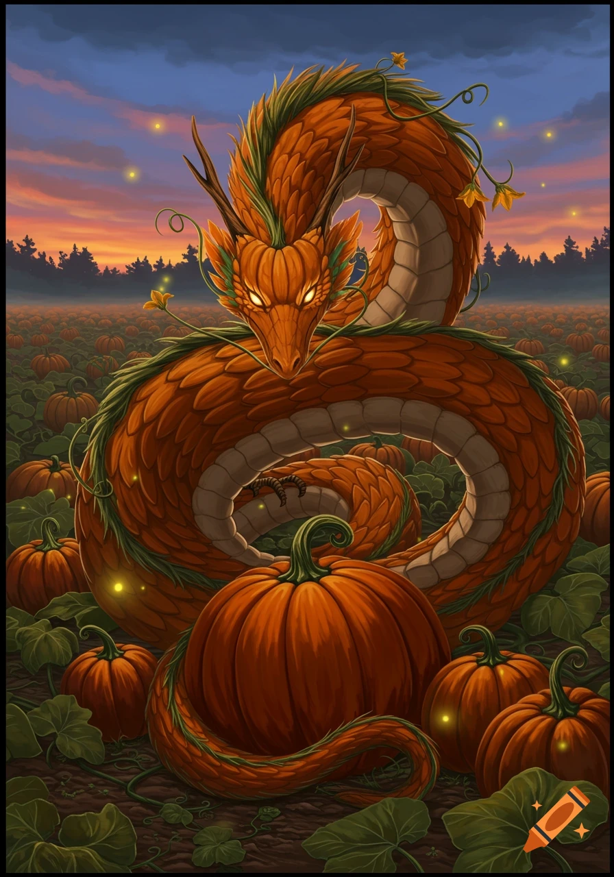A large pumpkin dragon with glowing eyes coiled in a pumpkin patch at sunset, with vines and small flowers.