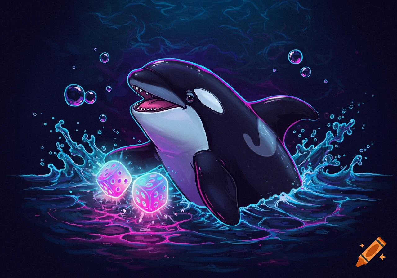 A cartoon killer whale swims in neon-lit water, playing with two glowing  pink and blue dice. on Craiyon, image size:1280x896