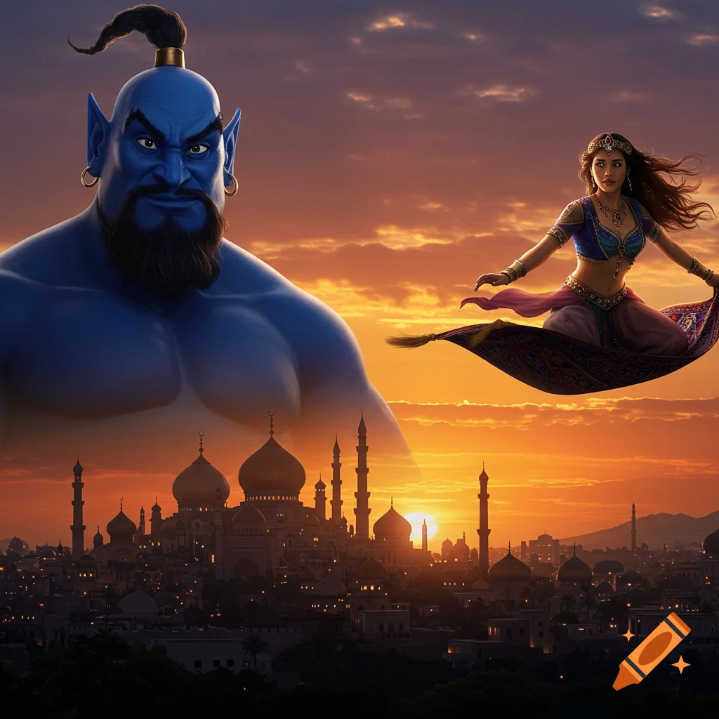 A giant blue genie and a princess on a flying carpet hover over an Arabian city at sunset, photorealistic style.