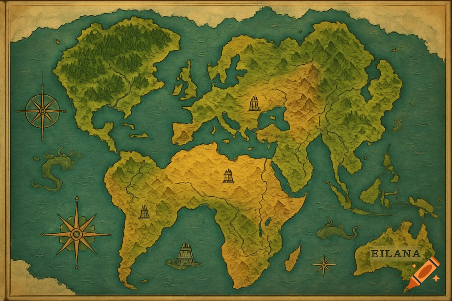 A stylized world map with green and yellow continents, teal oceans, compass roses, sea monsters, and structures. Label: EILANA.