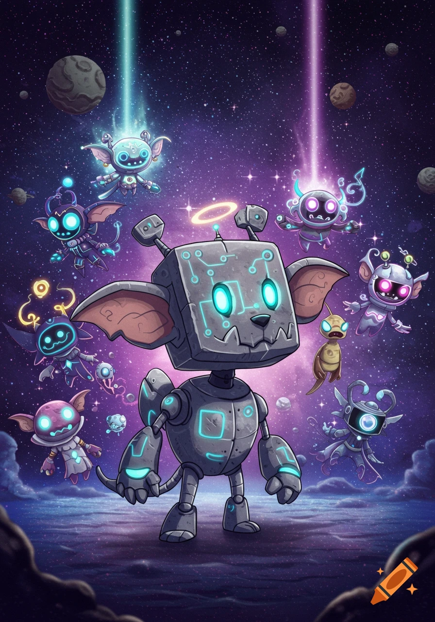 A large square-headed robot dog monster with glowing cyan eyes and circuits stands in space, surrounded by many smaller, colorful alien creatures under beams of light.