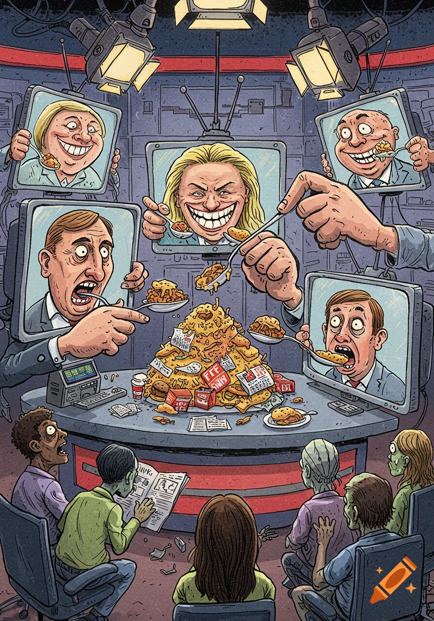 A political cartoon depicts exaggerated news anchors on TVs force-feeding a pile of fast food and papers to zombie-like viewers in a news studio.