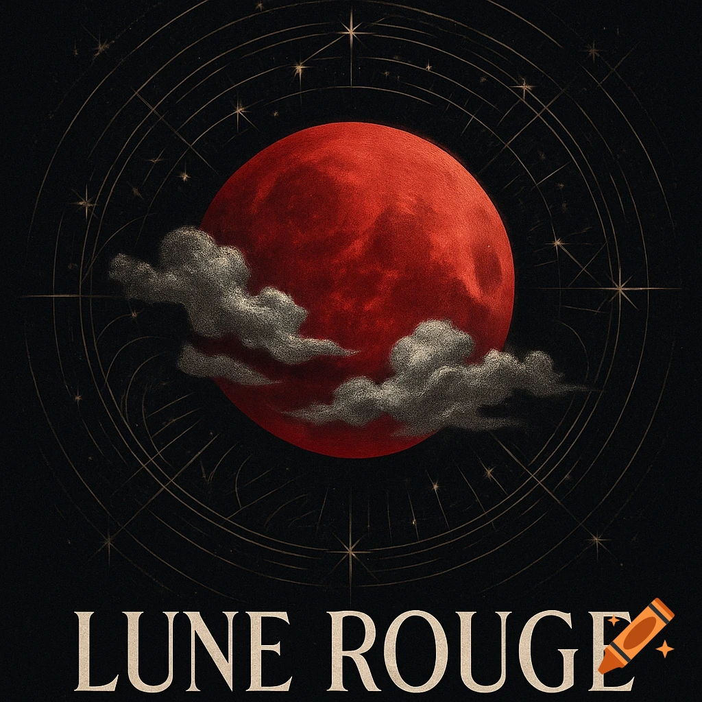 A stylized red moon and clouds in a dark, starry sky with geometric lines. The text 'LUNE ROUGE' is below.