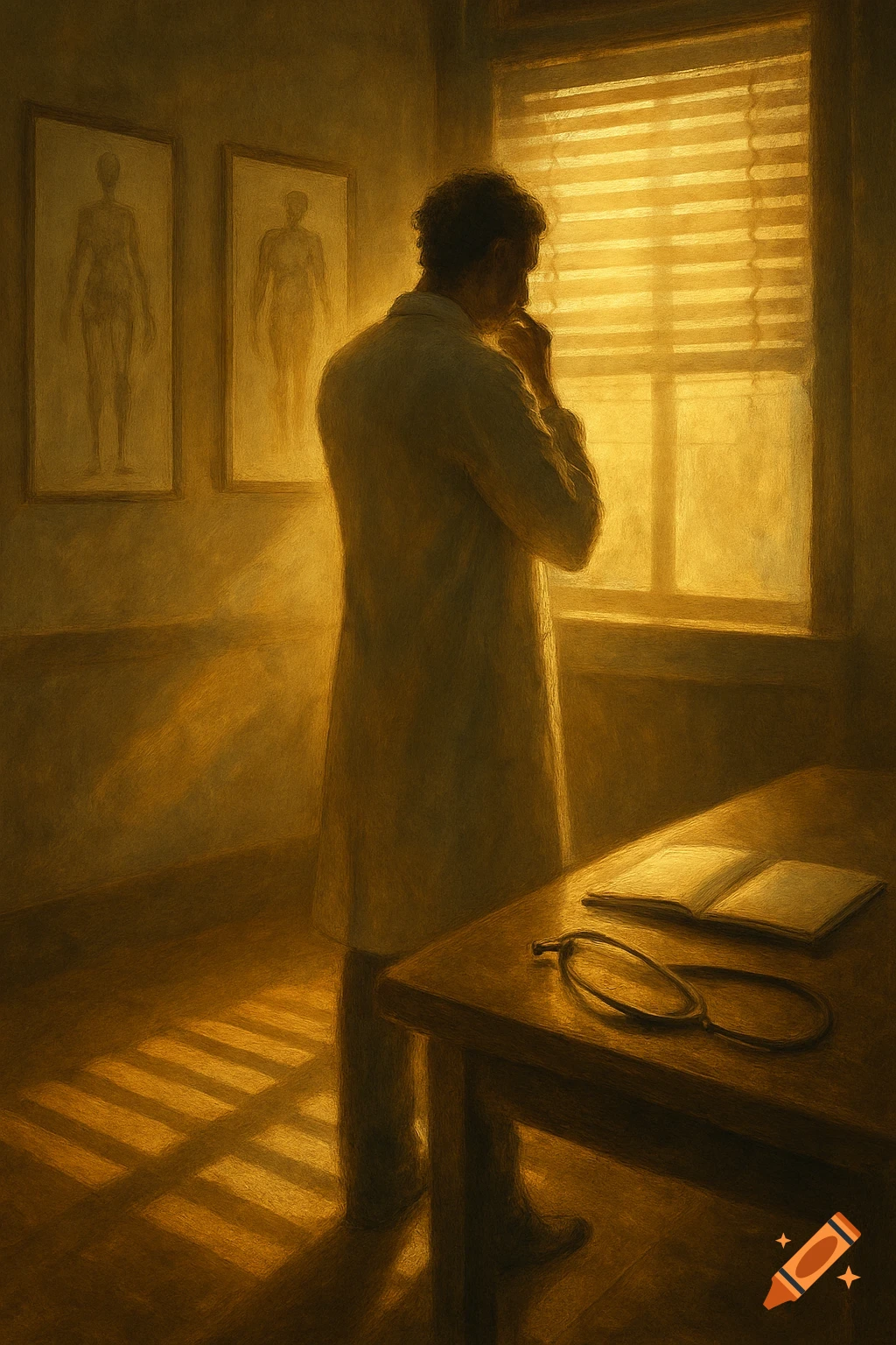 A doctor stands looking out a sunlit window in a dark, painterly room, with a book and stethoscope on a table.