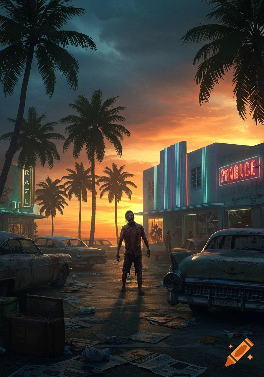A zombie stands on a ruined Florida street at sunset, flanked by palm trees, old cars, and neon-lit Art Deco buildings.