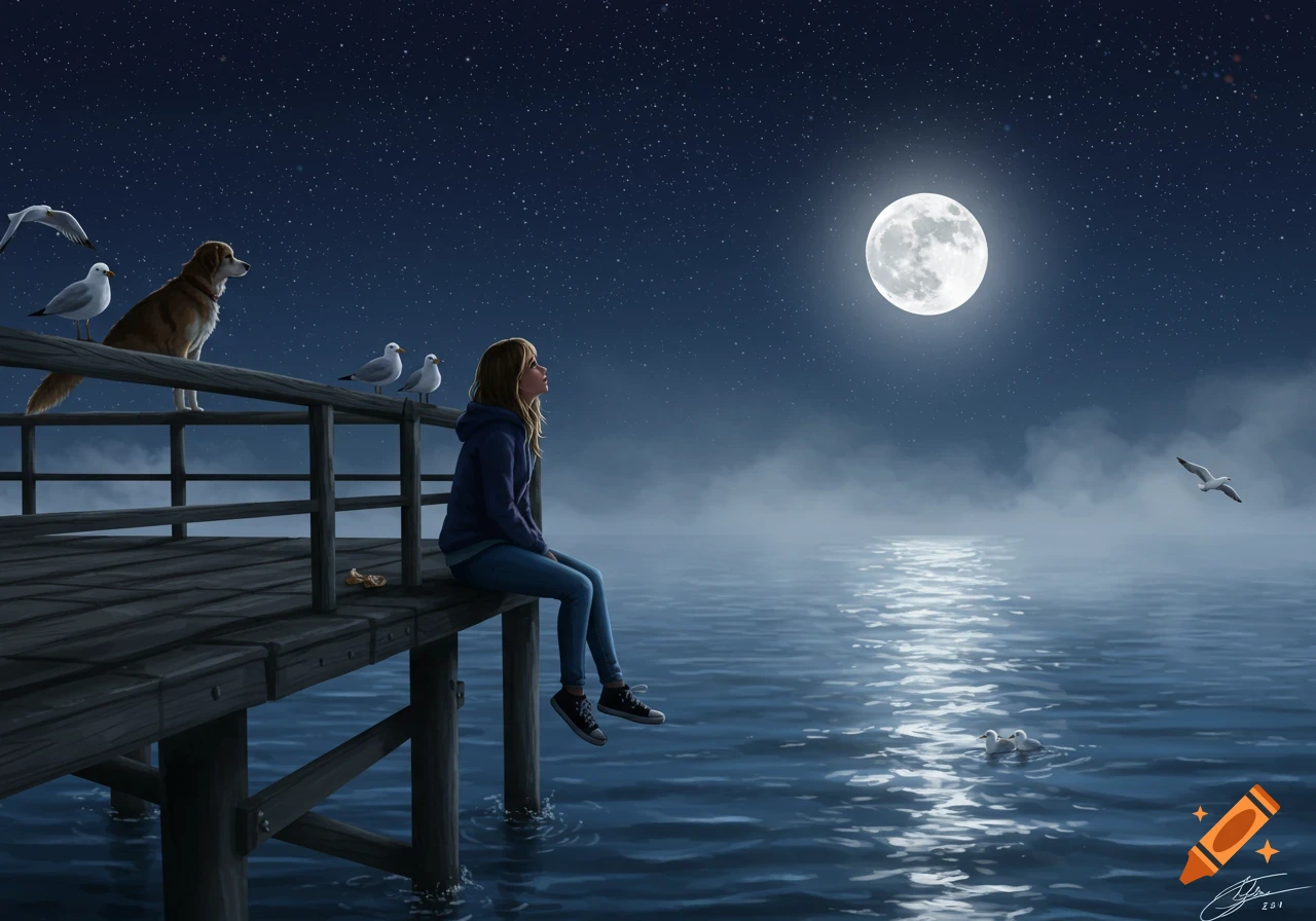 Woman and dog on a pier under a starry night sky with a full moon over a misty ocean. Digital painting.