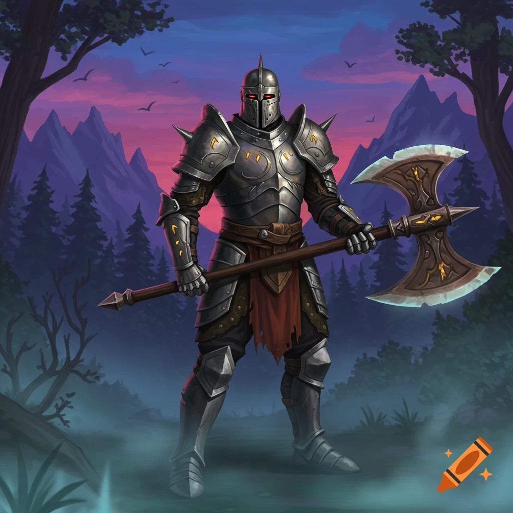 A fully armored knight with glowing red eyes stands in a misty forest, holding a large, ornate double-bladed axe.