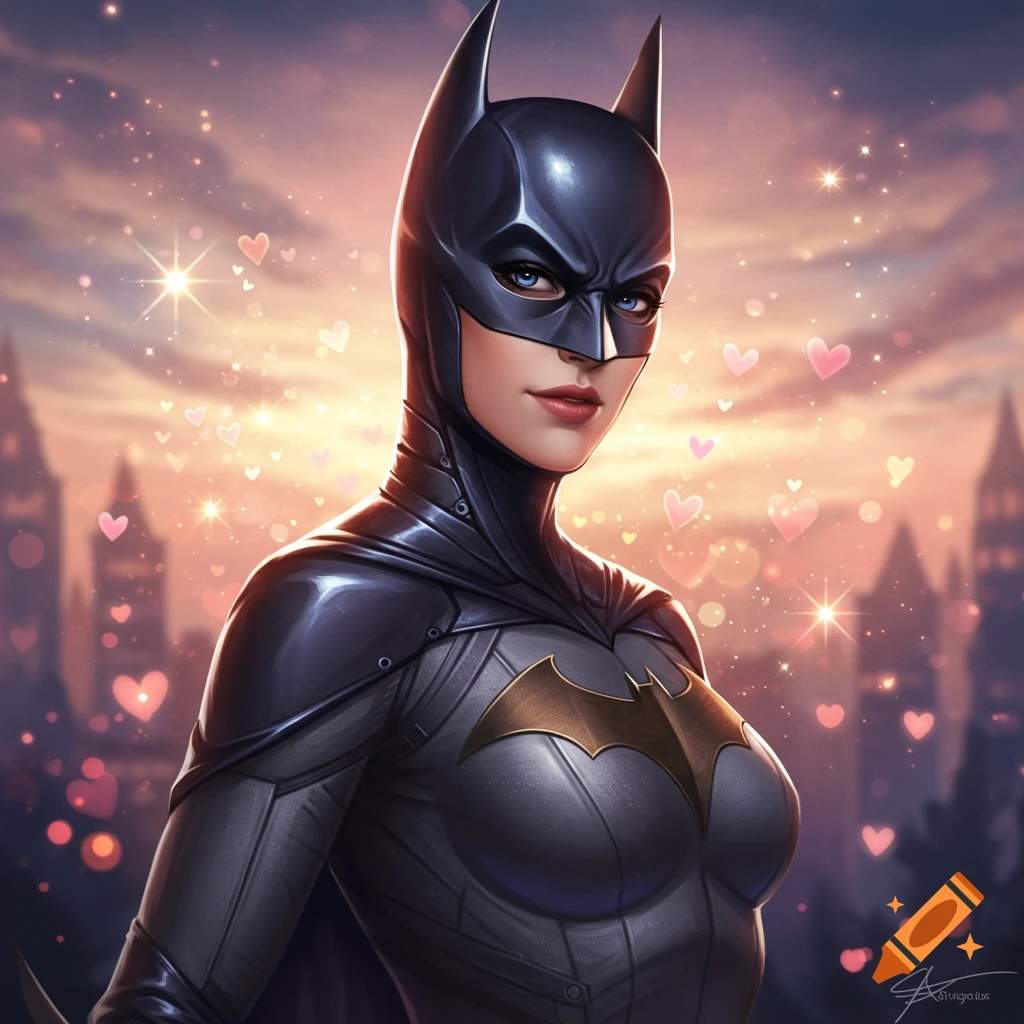 A detailed digital art portrait of a female Batman (Batgirl) in a sleek suit, with a dreamy, sparkling cityscape background filled with pink hearts.
