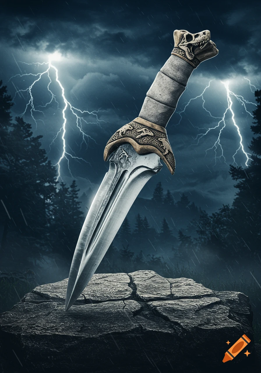 An ornate dagger with a dinosaur skull pommel plunged into a rock, set against a stormy forest with lightning.