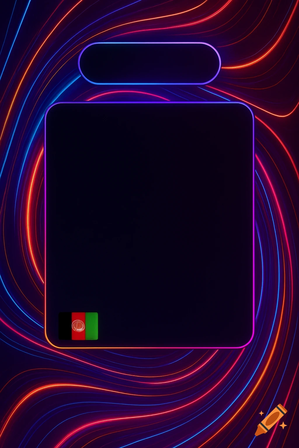 Abstract neon background with glowing wavy lines in blue, red, and orange. Features dark rounded rectangles and a small Afghanistan flag.