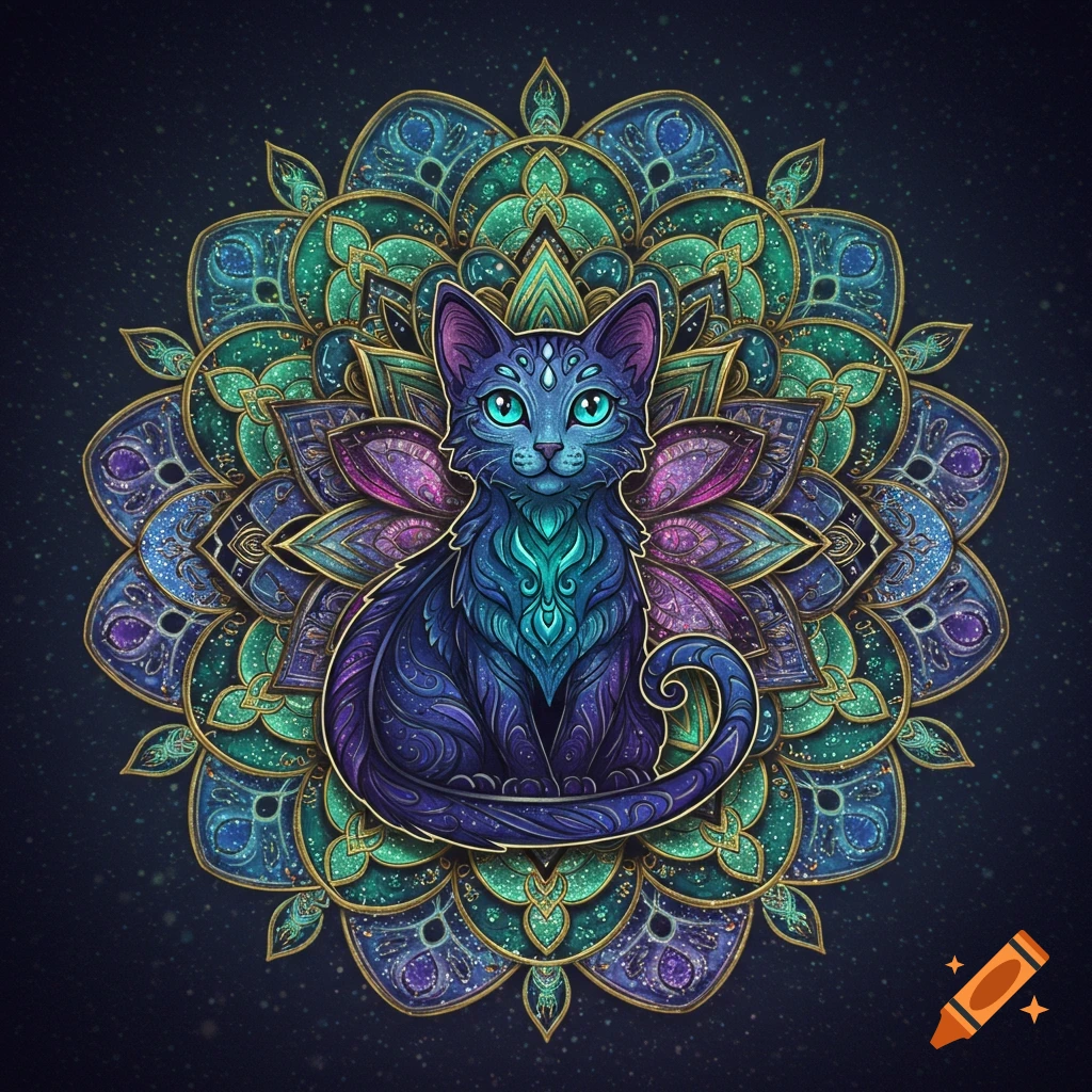 A highly stylized, colorful cat with glowing blue eyes sits centered on an intricate, vibrant blue, purple, and green mandala pattern.