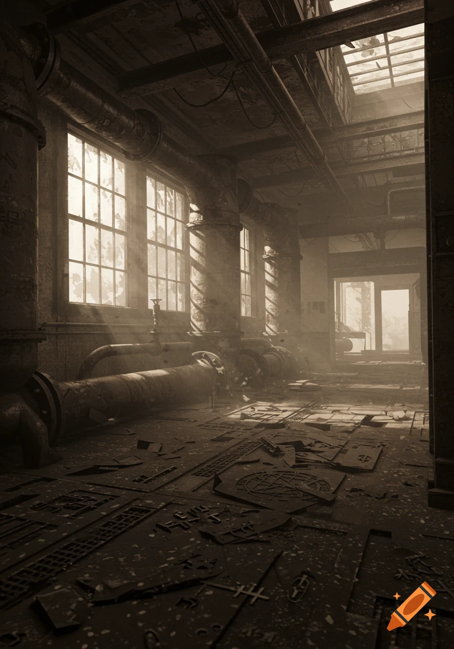Sepia-toned photorealistic image of a desolate, abandoned industrial building with sunlight through large windows, rusty pipes, debris.