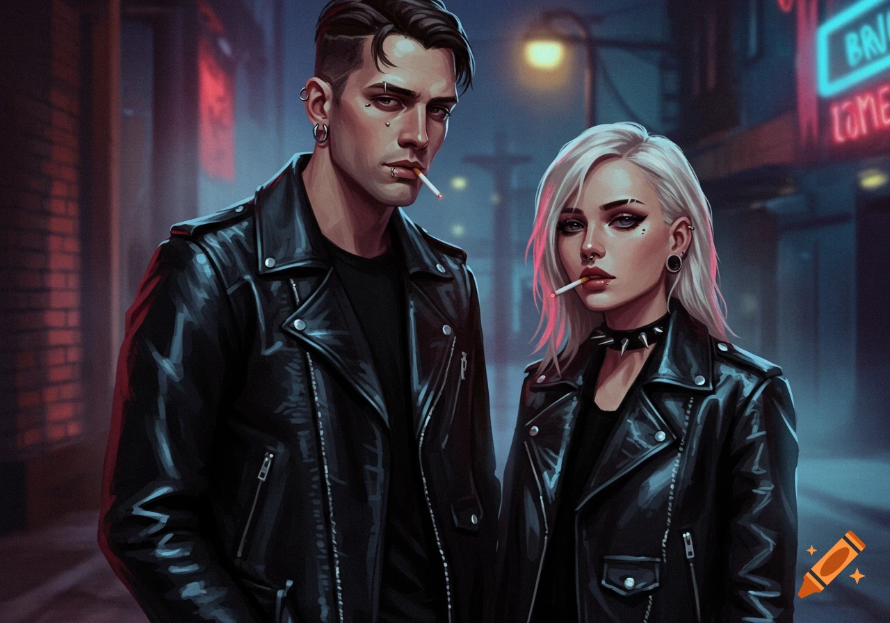 A digitally painted punk couple in leather jackets with piercings and cigarettes stands in a dark urban alley with neon lights.