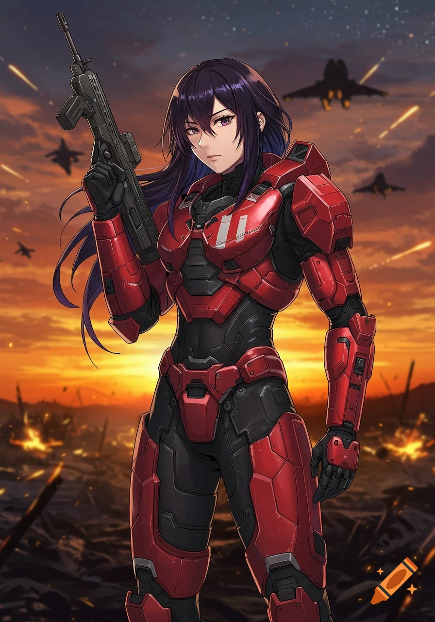 An anime-style female Spartan in red and grey armor holds a rifle on a fiery battlefield at sunset with jets flying overhead.