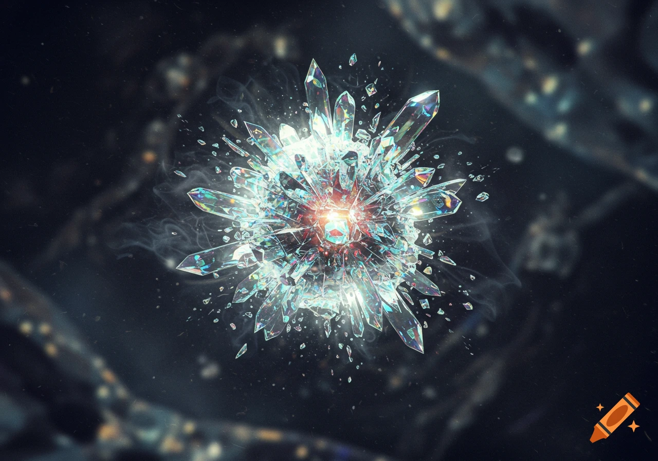A vibrant, exploding crystal formation with iridescent shards and a glowing core against a dark, blurry background.