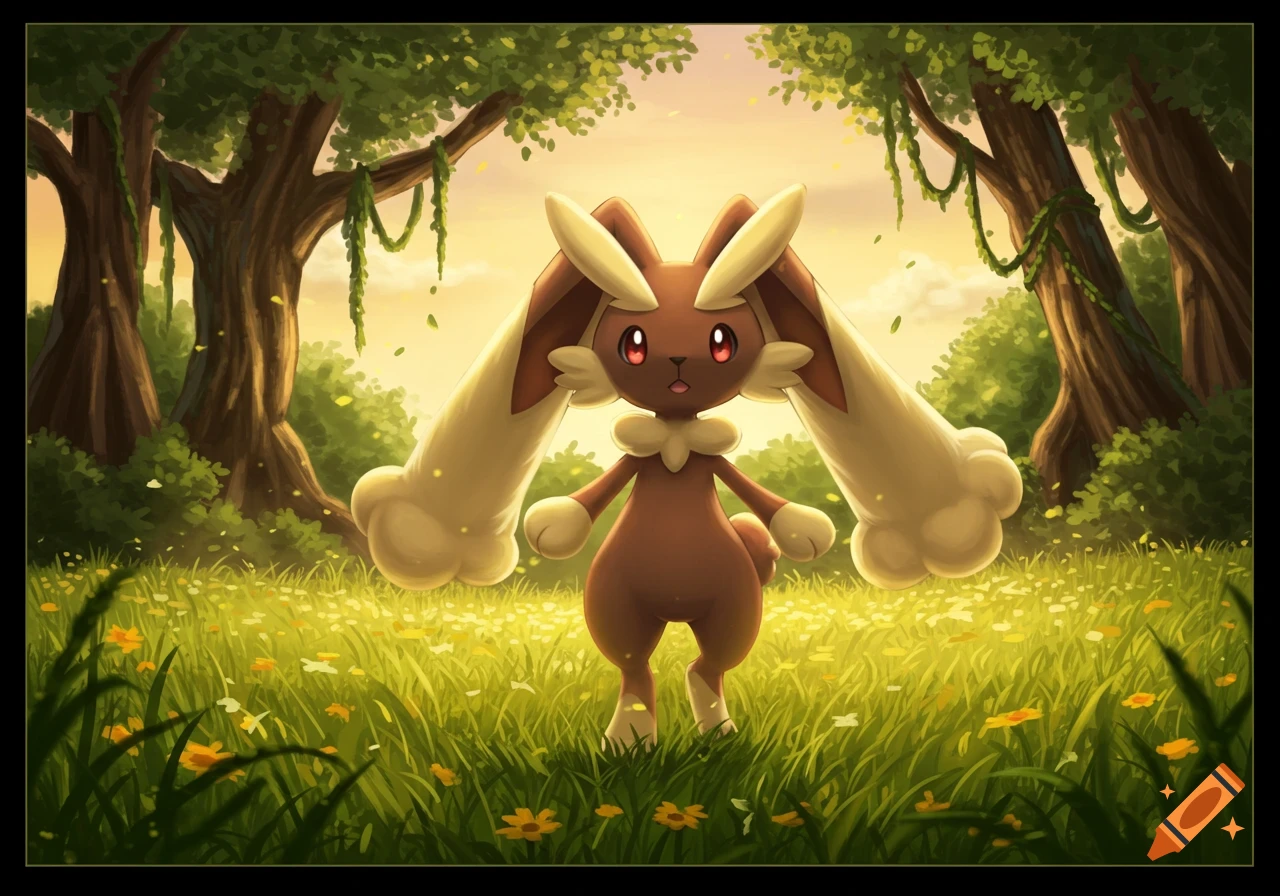 A cartoon Lopunny stands in a sunny, green forest clearing filled with yellow flowers.