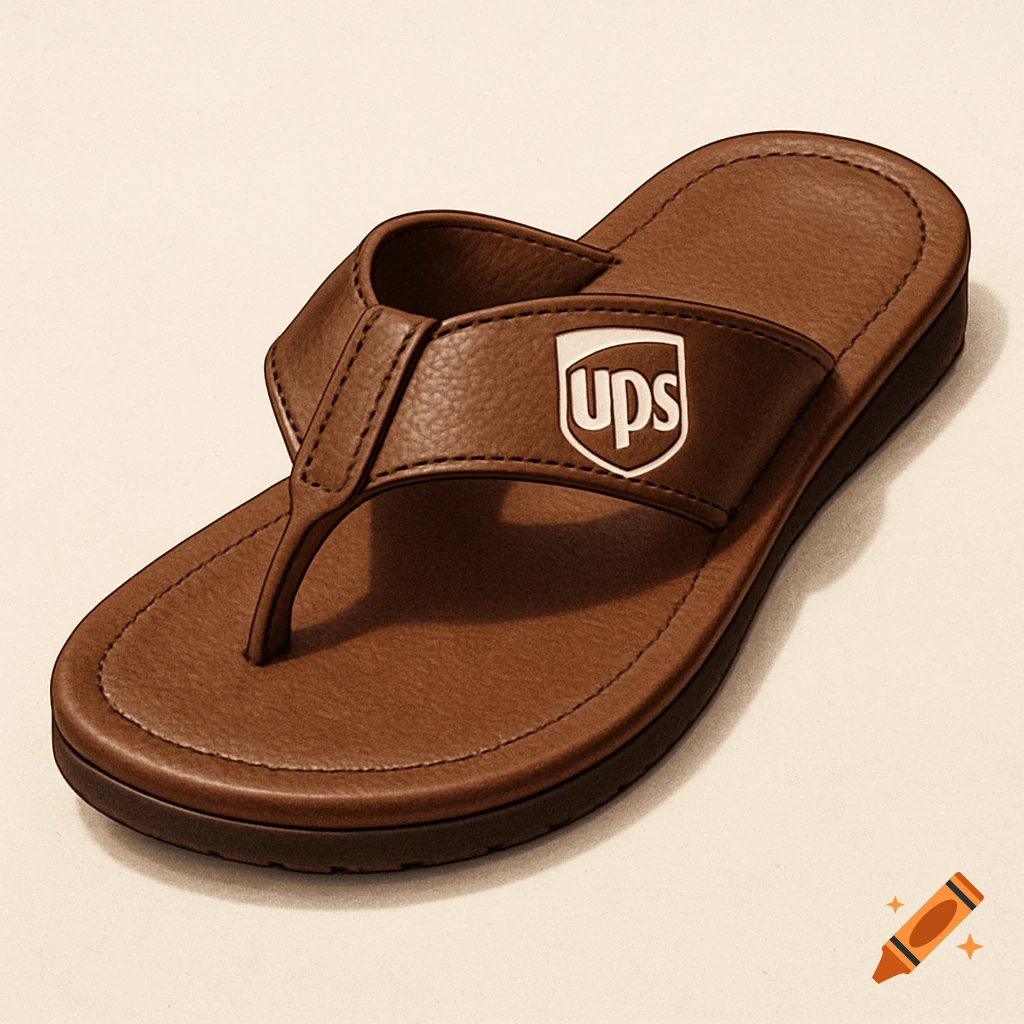 A photorealistic brown leather flip-flop sandal featuring the white UPS logo on the strap.
