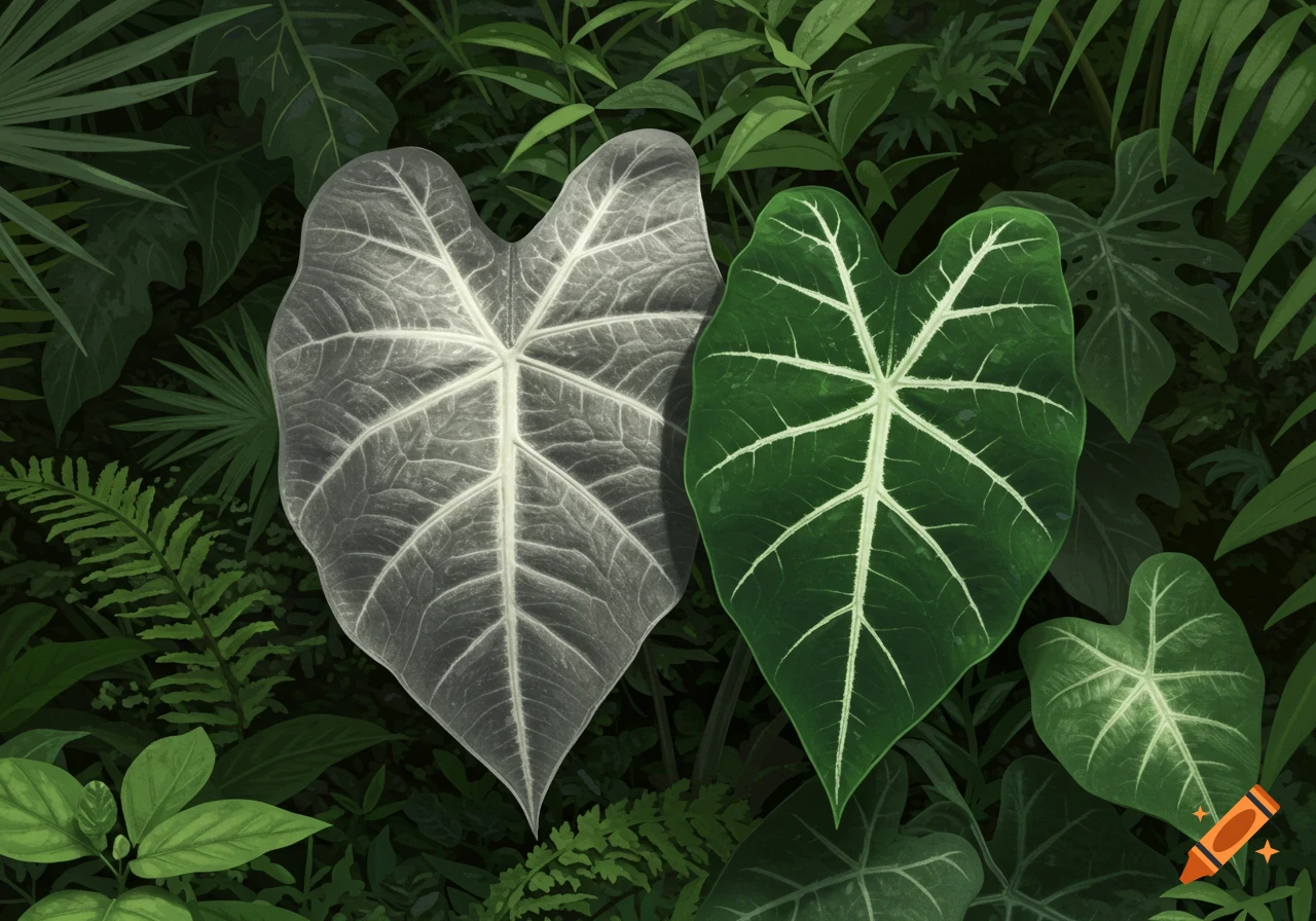 A black and grey leaf and a green Alocasia leaf with white veins stand out among dark green tropical foliage.