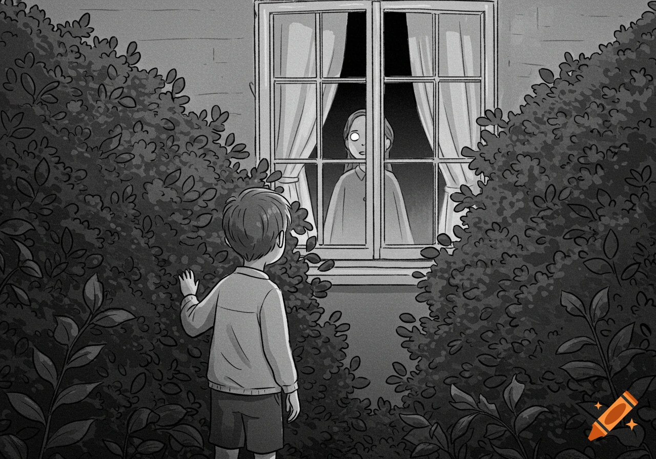 Black and white illustration of a boy looking through bushes at a window, where a person with glowing eyes stares back.