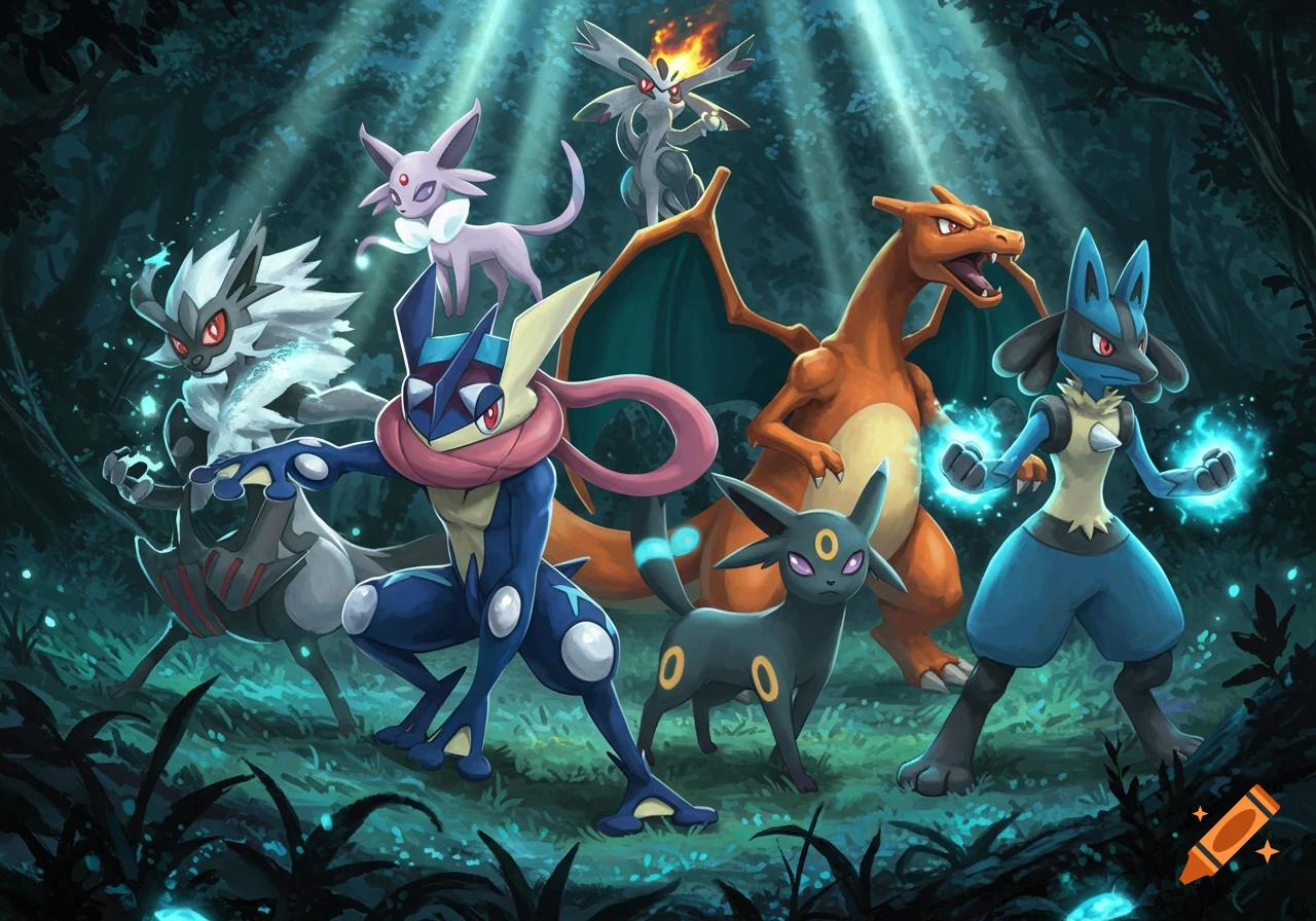 Greninja, Espeon, Umbreon, Charizard, Lycanroc, and Lucario pose in a dark, mystical forest with light rays in an anime illustration style.