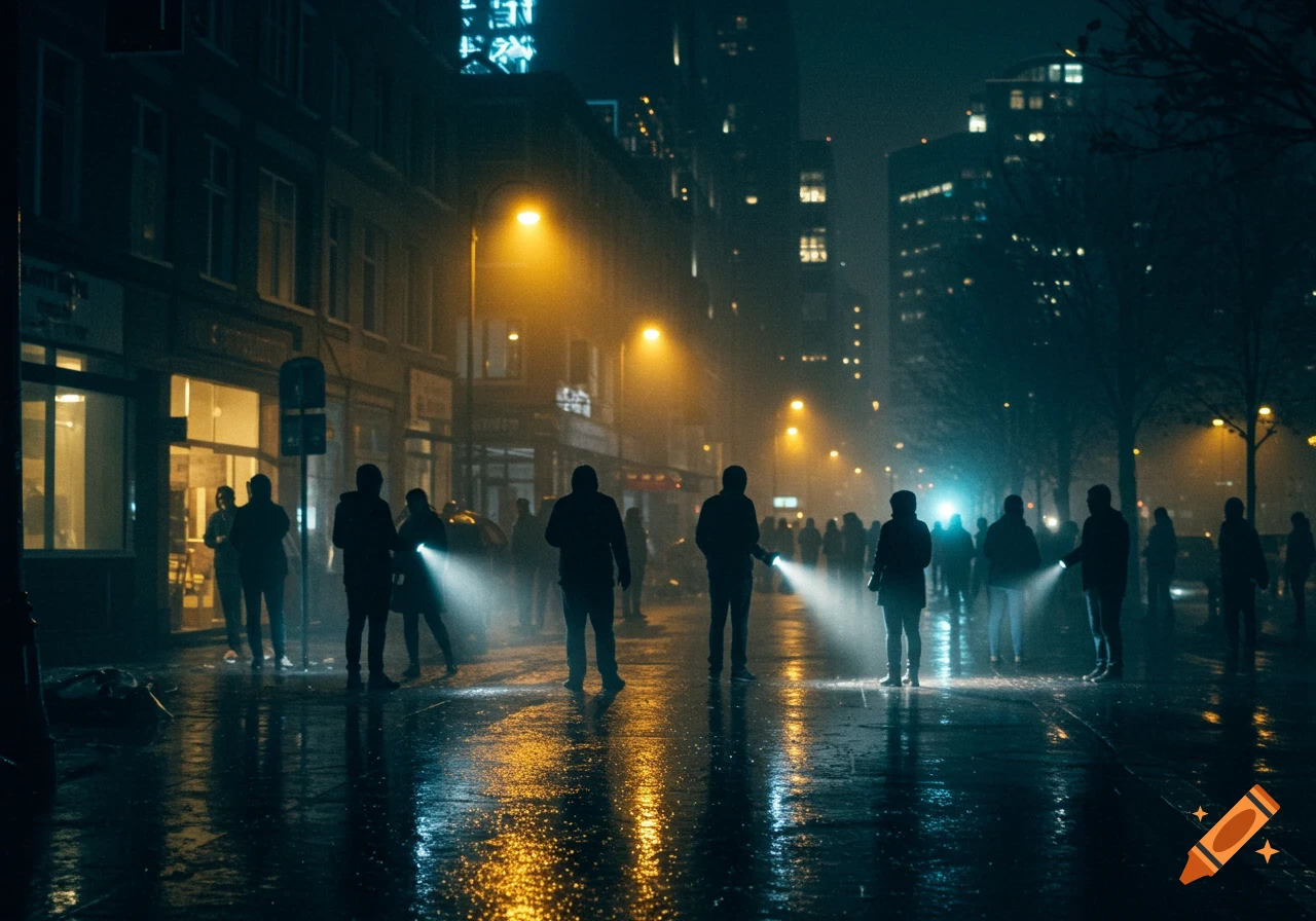 People with flashlights walk on a wet, dark city street at night, illuminated by streetlights and reflections.