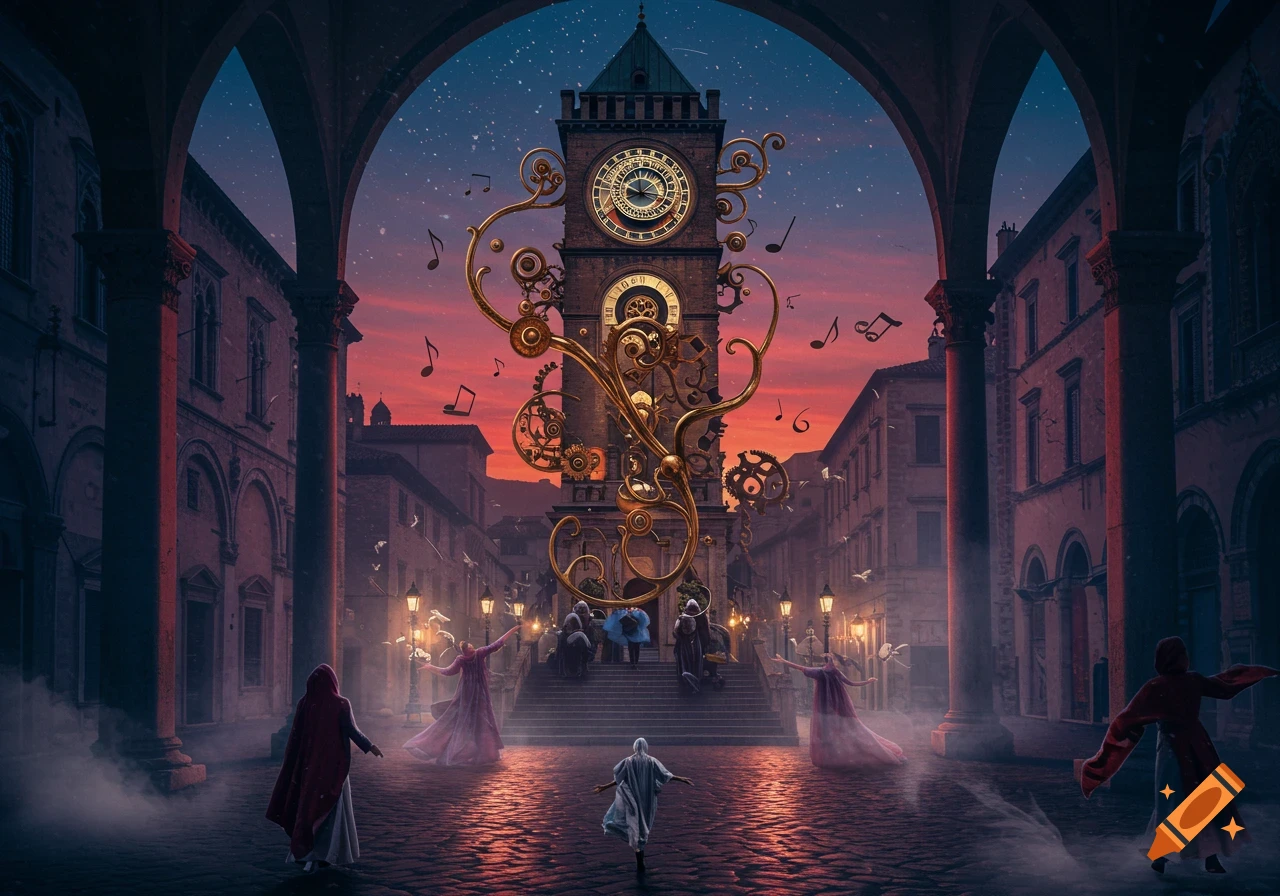 A grand clock tower adorned with golden musical motifs stands tall in an arched piazza at dusk, with robed figures moving below.