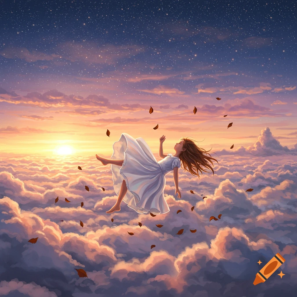 An illustrated girl in a white dress floats among warm-lit clouds under a starry sunset sky, with autumn leaves falling.