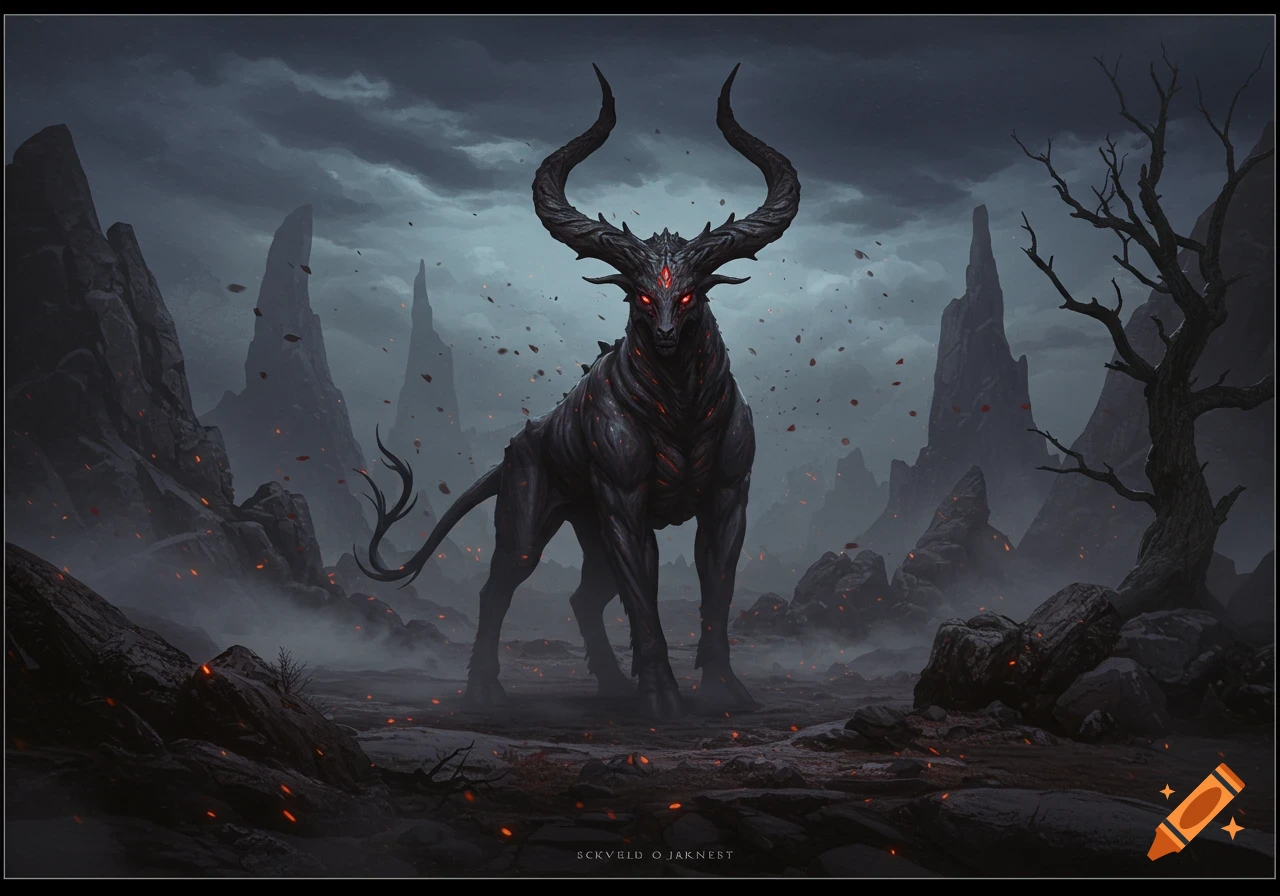 A dark, horned beast with glowing red eyes stands in a desolate, rocky landscape under a stormy sky, digital art.