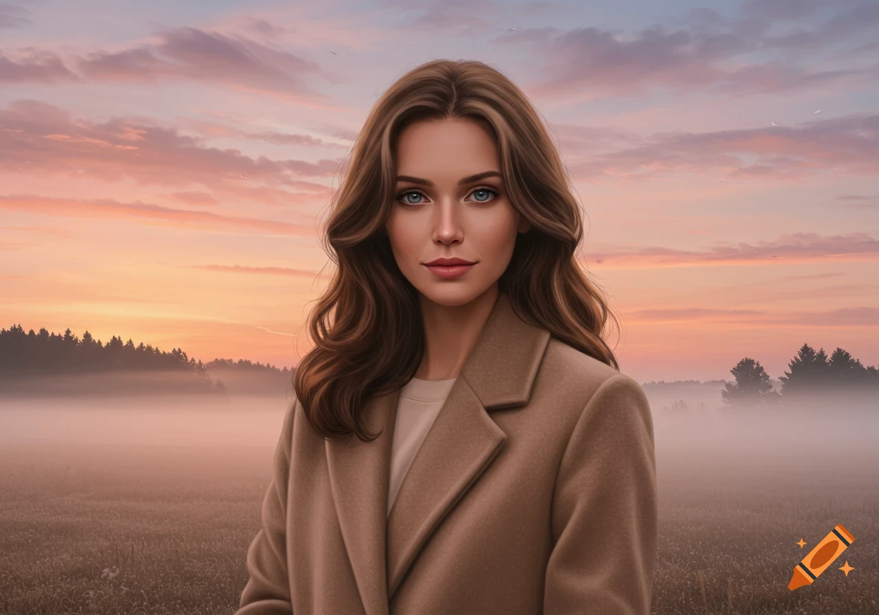 Photorealistic portrait of a woman with long brown hair and blue eyes, wearing a brown coat, standing in a misty field at sunset.