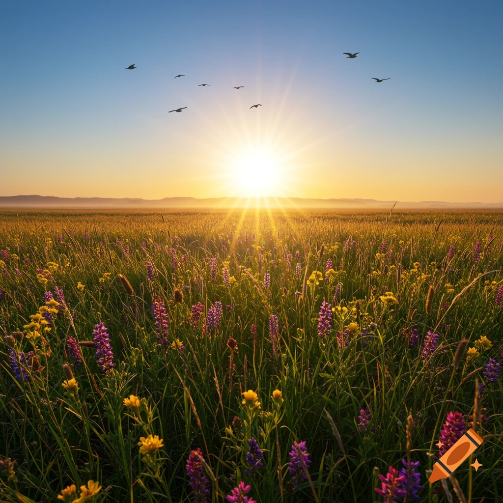 A vibrant field of purple and yellow wildflowers under a bright sunrise with birds flying in a clear blue sky.
