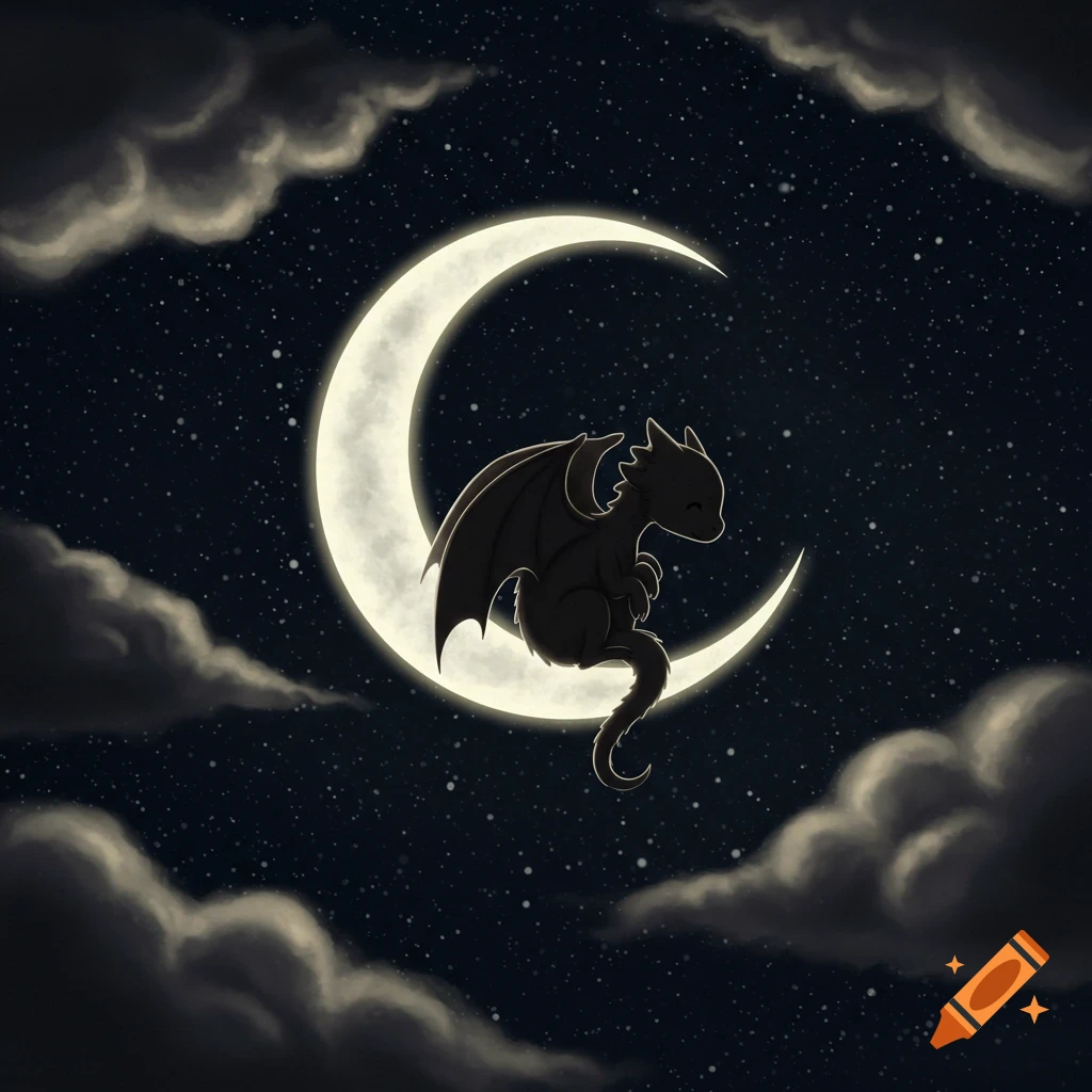 Cute black dragon with wings sitting on a bright crescent moon in a starry night sky with clouds, in a cartoon style.