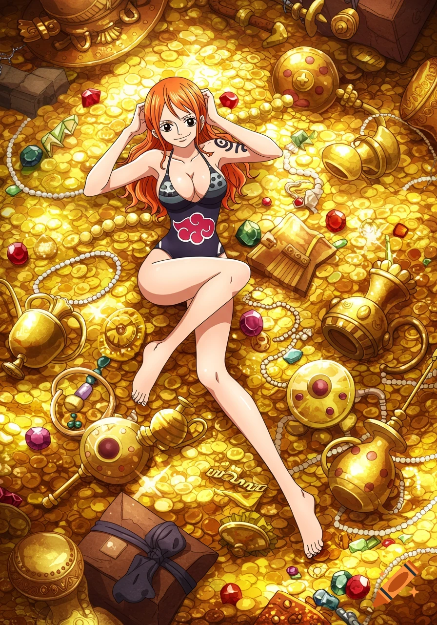 Anime character Nami from One Piece lying on a huge pile of gold coins and jewels in a swimsuit.
