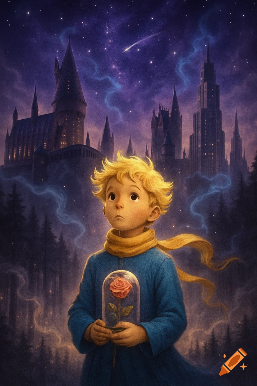 The Little Prince stands under a starry night sky, holding a rose in a bell jar, with dark, magical castles in the background.